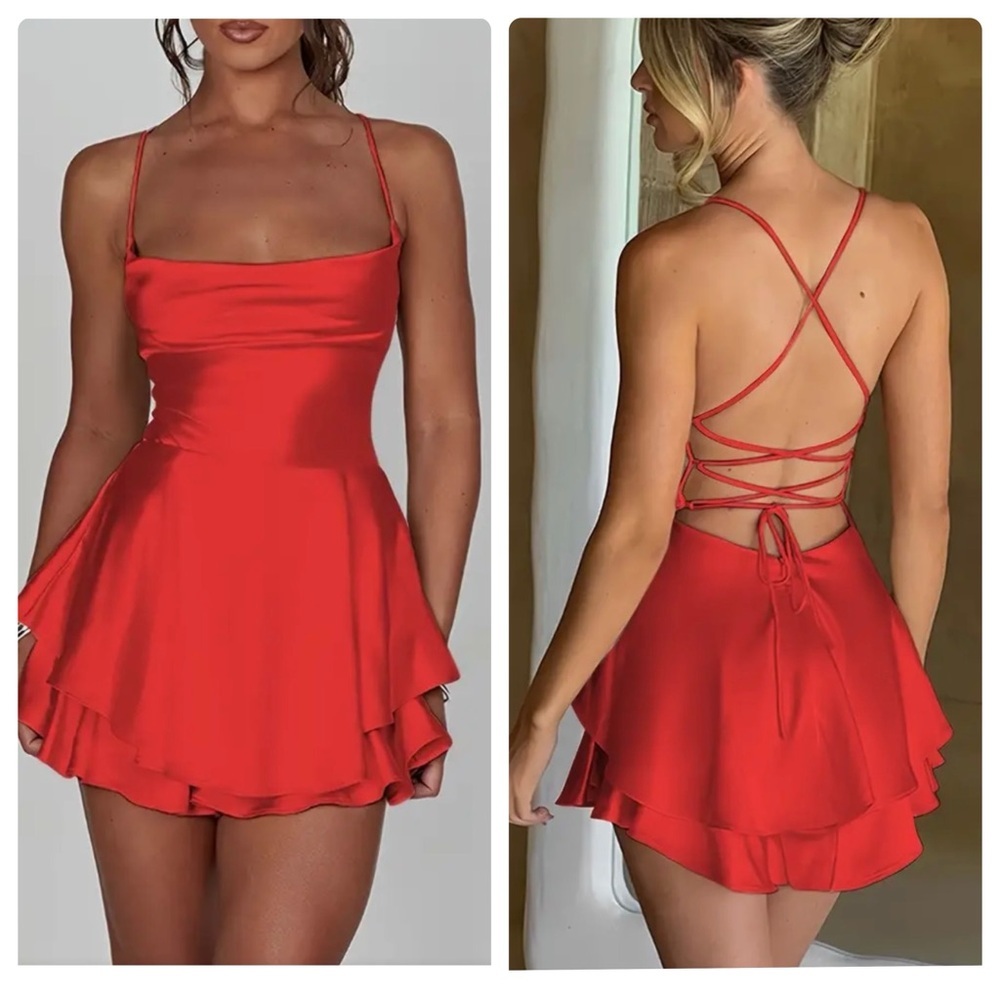 Red Satin Cowl Neck Backless Mini Dress